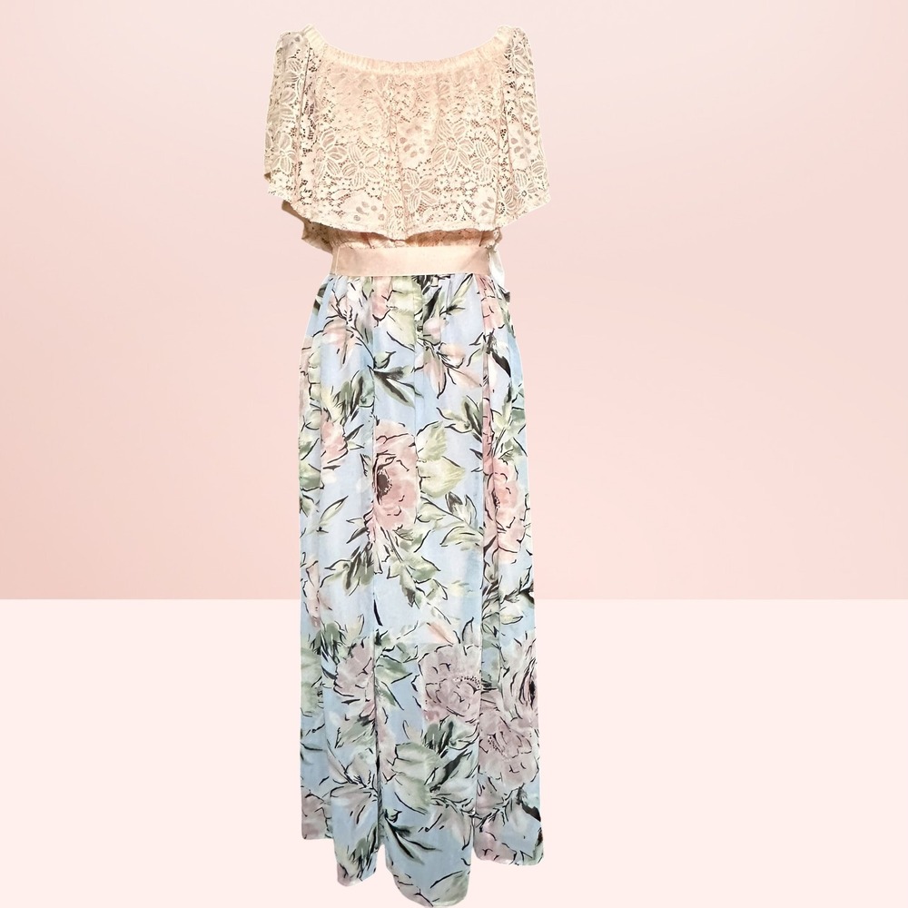 Ellen Weaver Floral Lace Off-Shoulder Maxi Dress Blue Blush Romantic Small NEW